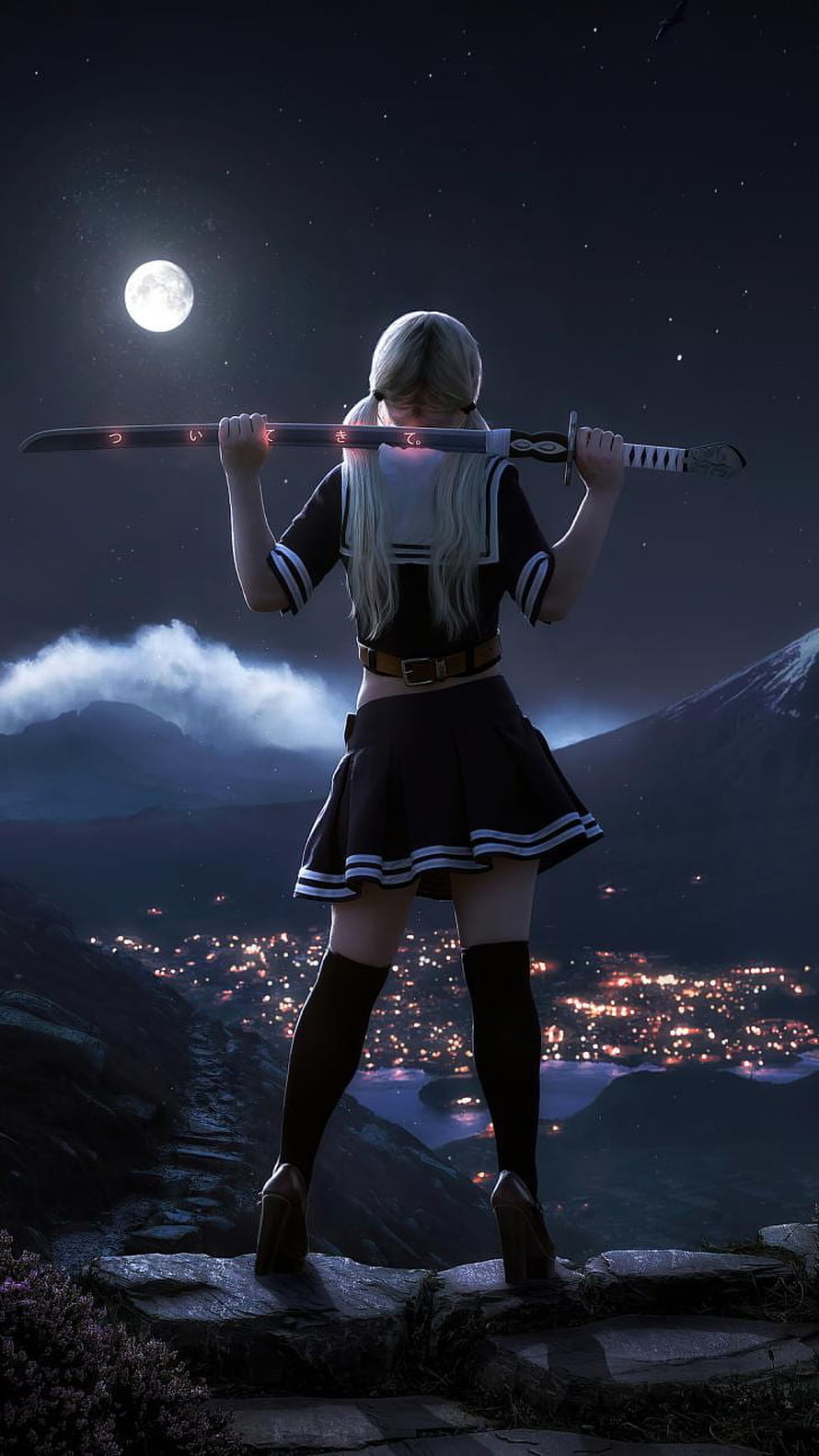 Blonde Anime Girl in Sailor Uniform Holding Katana Sword on Cliff at Night HD phone wallpaper