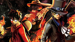 One Piece Anime Characters Luffy, Ace, and Sabo Surrounded by Flames HD wallpaper