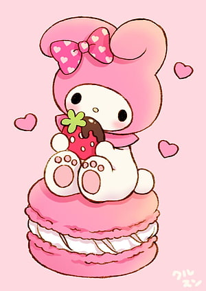 My Melody Sitting on a Pink Macaron Holding a Chocolate Dipped Strawberry HD phone wallpaper