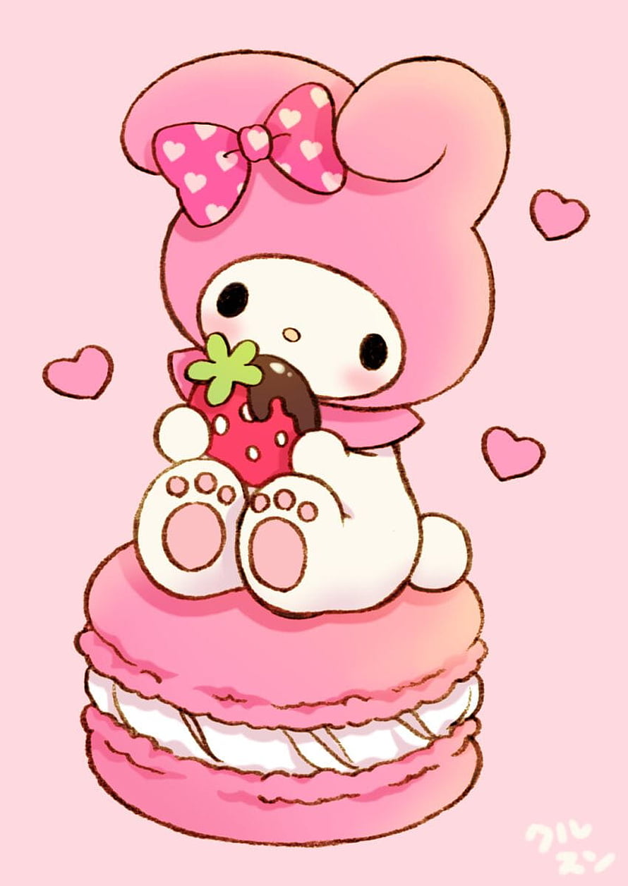 My Melody Sitting on a Pink Macaron Holding a Chocolate Dipped Strawberry HD phone wallpaper