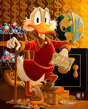 Scrooge McDuck Sitting on Gold Bars with Money and Treasure Chest HD phone wallpaper