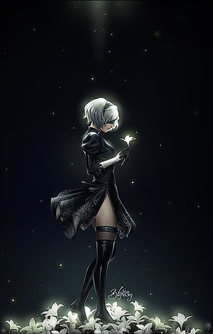 2B from Nier Automata holding a glowing white flower in a dark field of lilies HD phone wallpaper
