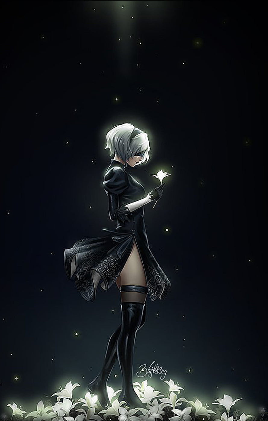 2B from Nier Automata holding a glowing white flower in a dark field of lilies HD phone wallpaper