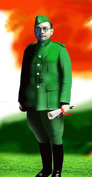 Subhas Chandra Bose in Military Uniform Holding a Scroll Against a Patriotic Background HD phone wallpaper