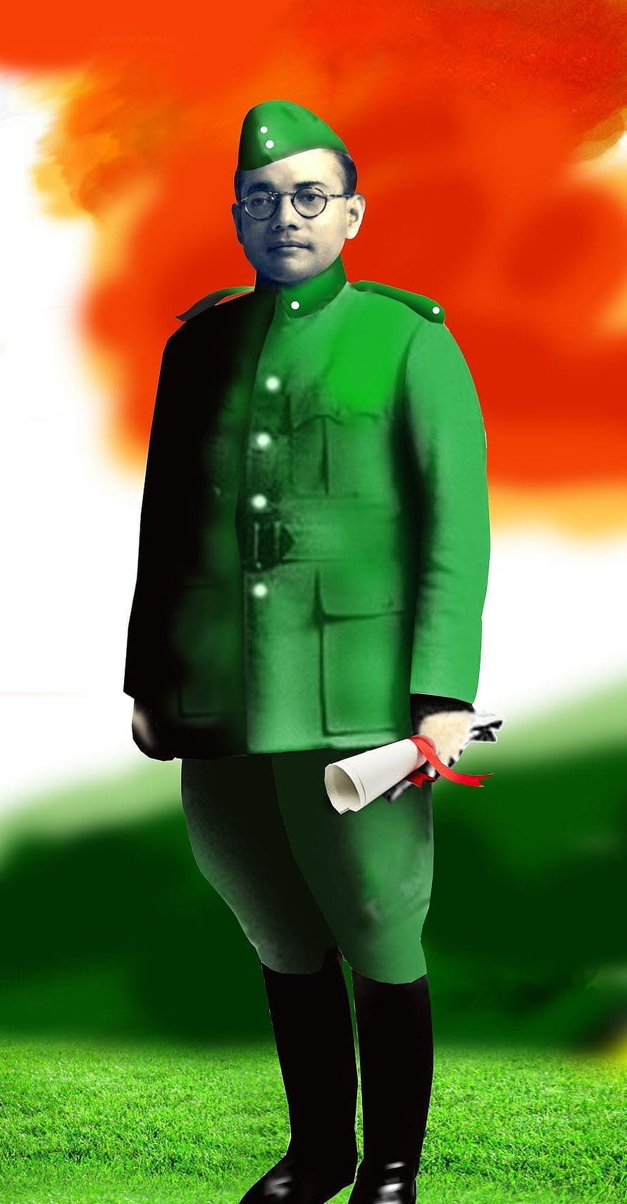 Subhas Chandra Bose in Military Uniform Holding a Scroll Against a Patriotic Background HD phone wallpaper