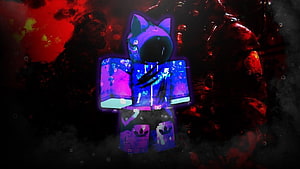 Glowing Roblox Avatar with Cat Head in Dark Red and Purple Atmosphere HD wallpaper
