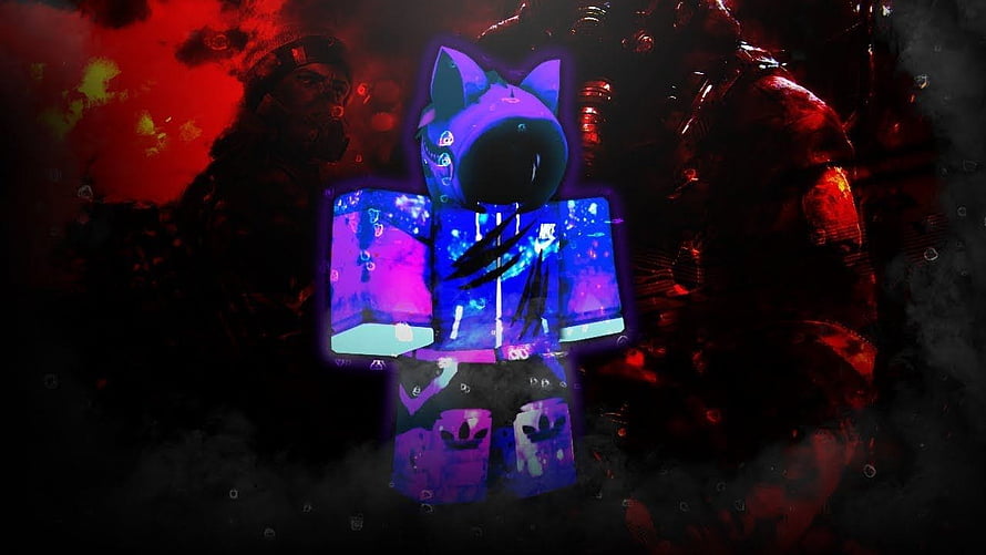 Glowing Roblox Avatar with Cat Head in Dark Red and Purple Atmosphere HD wallpaper