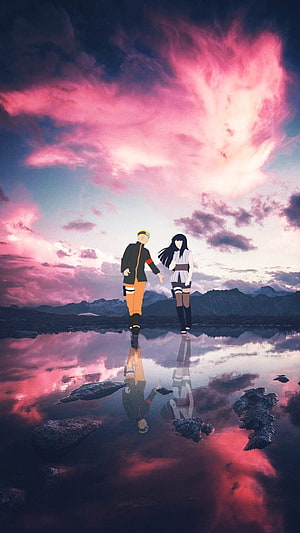 Naruto and Hinata Walking Together at Sunset by a Reflective Lake HD phone wallpaper