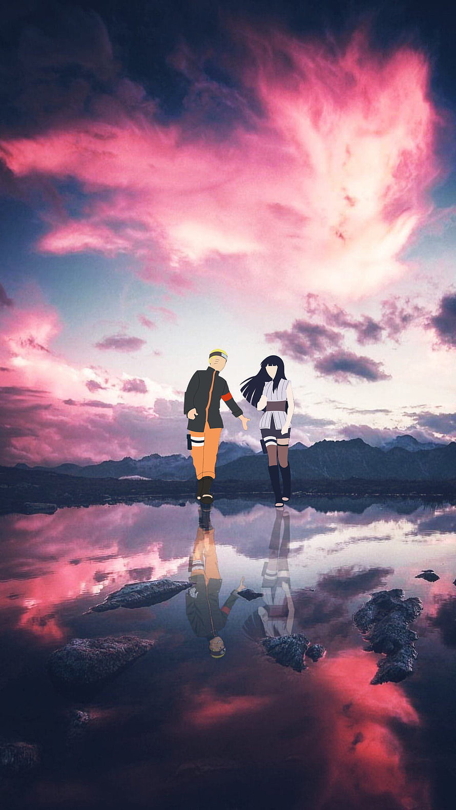 Naruto and Hinata Walking Together at Sunset by a Reflective Lake HD phone wallpaper