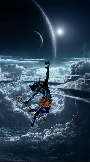 Mahadev Leaping Through Cosmic Clouds with Trident and Drum HD phone wallpaper