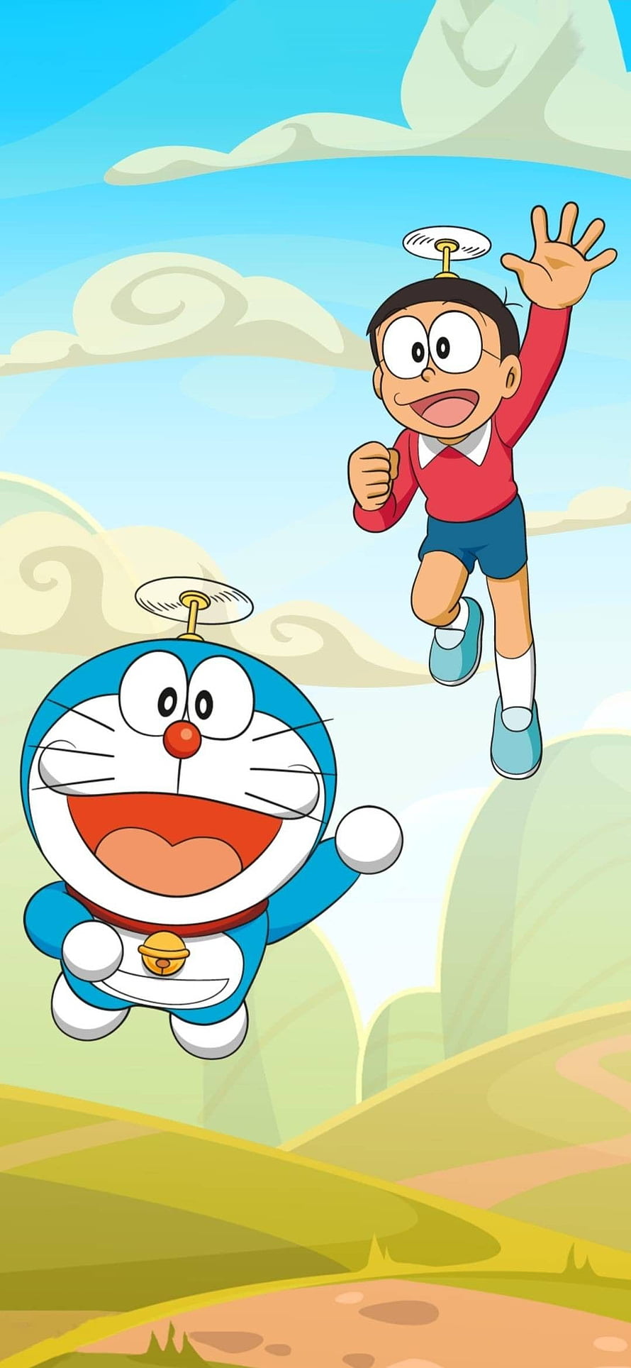 Doraemon and Nobita Flying with Bamboo Copters Over Green Hills HD phone wallpaper