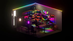 Vibrant RGB Gaming Room Setup with Neon LED Lighting and Dual Monitor Workstation HD wallpaper
