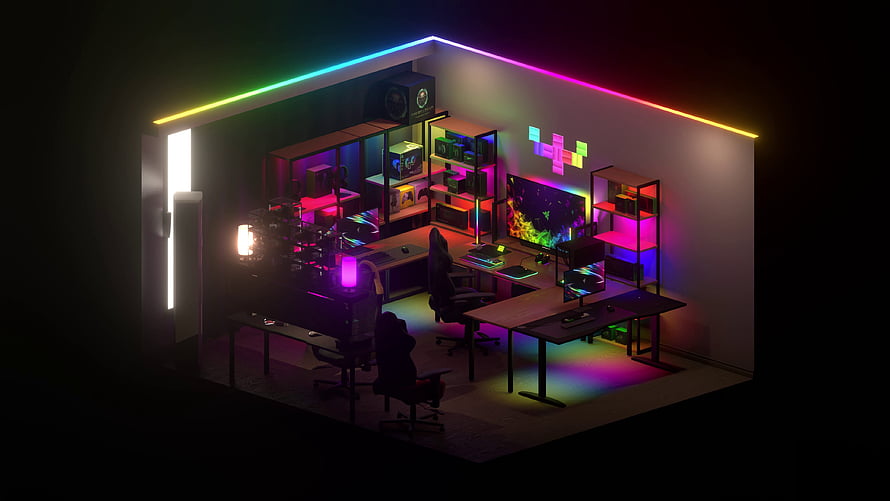 Vibrant RGB Gaming Room Setup with Neon LED Lighting and Dual Monitor Workstation HD wallpaper