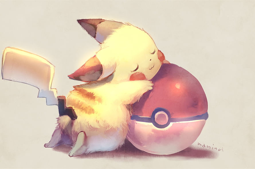 Watercolor Pikachu Hugging a Poké Ball in a Soft Pastel Illustration HD wallpaper