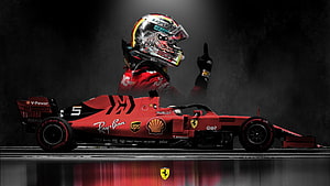 Sebastian Vettel Ferrari F1 Car with Racing Helmet and Victory Gesture HD wallpaper