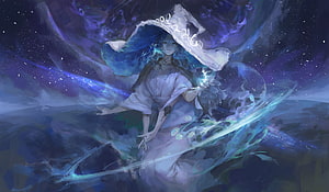 Ethereal Blue Witch With Glowing Magic And Flowing Hat HD wallpaper