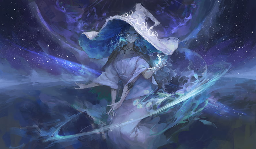 Ethereal Blue Witch With Glowing Magic And Flowing Hat HD wallpaper