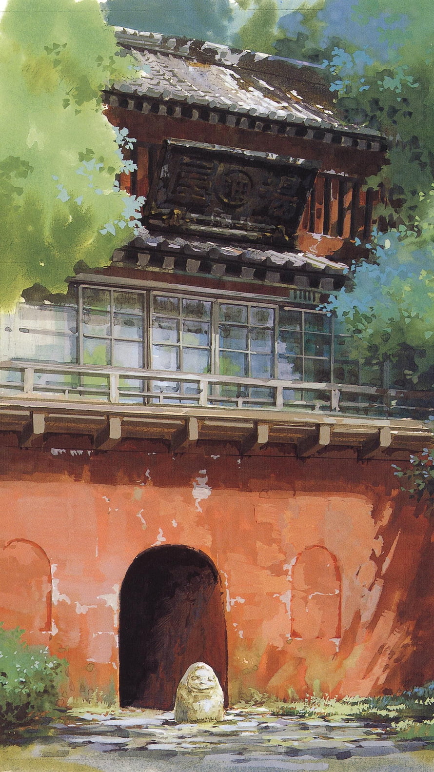 Spirited Away Watercolor Painting of the Bathhouse Gate and Stone Guardian HD phone wallpaper