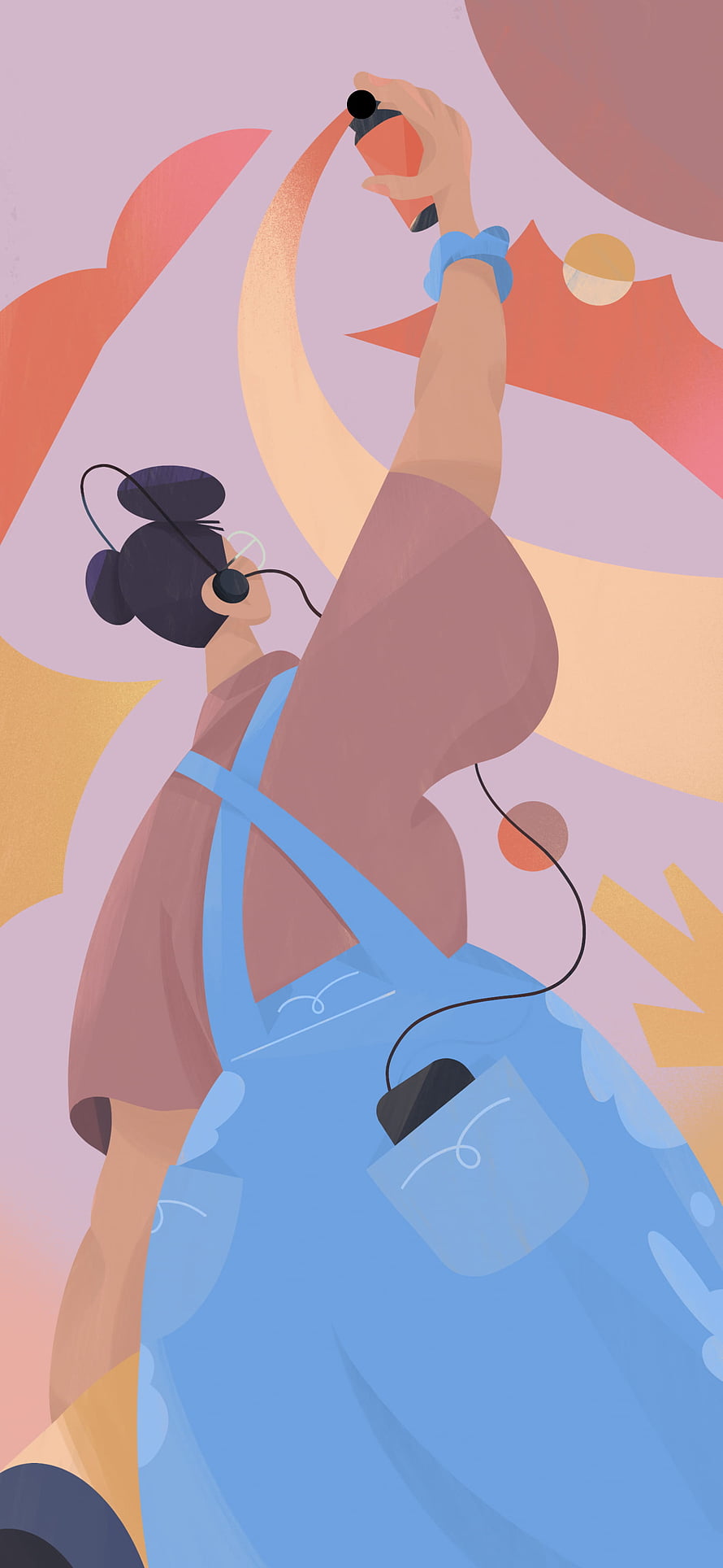 Illustration of a person in blue overalls spray painting a colorful abstract mural with headphones on HD phone wallpaper