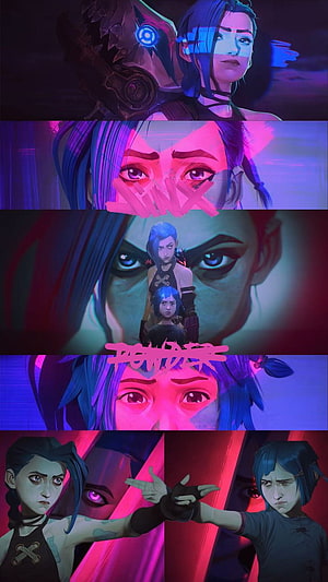 Arcane Jinx and Vi Character Art Collage with Neon Pink and Blue Lighting HD phone wallpaper