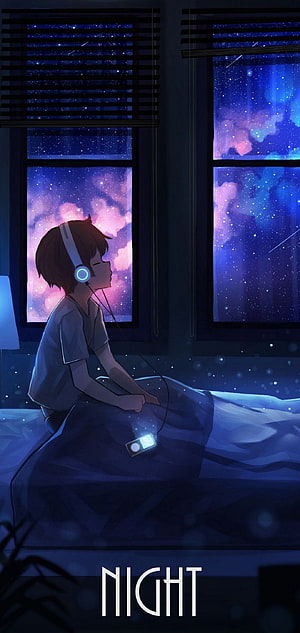 Anime Boy Listening to Music on Bed Under Starry Night Sky HD phone wallpaper