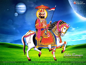 Baba Ramdev Ji on White Horse with Cosmic Background HD wallpaper