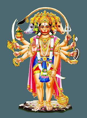 Five-Headed Hanuman Deity Illustration with Traditional Weapons and Ornate Jewelry, Hanuman Png, hanuman android HD phone wallpaper