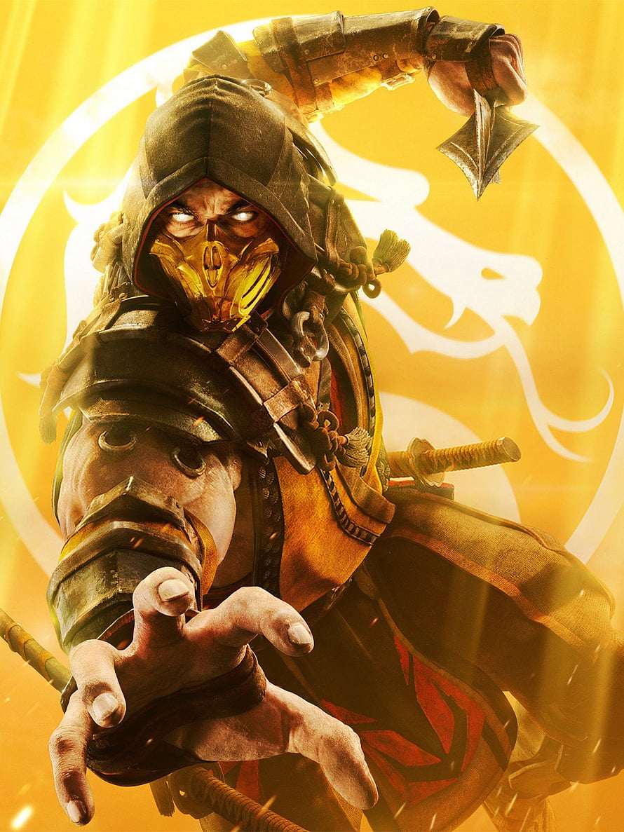 Scorpion Character Art From Mortal Kombat 11 With Golden Glow And Dragon Emblem HD phone wallpaper