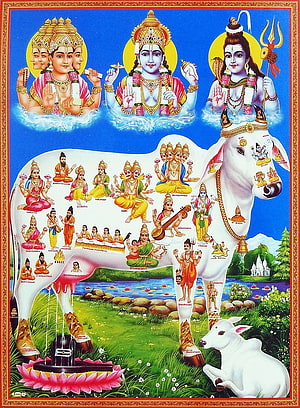 Kamadhenu Divine Cow Hindu Mythology Art with Trimurti and Deities HD phone wallpaper