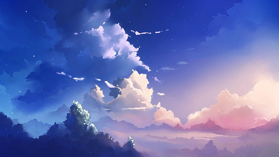 Dreamy Twilight Sky with Soft Clouds and Distant Forest Silhouette HD wallpaper