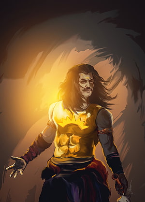 Lord Karna Digital Art Illustration with Golden Armor and Dramatic Backlight HD phone wallpaper