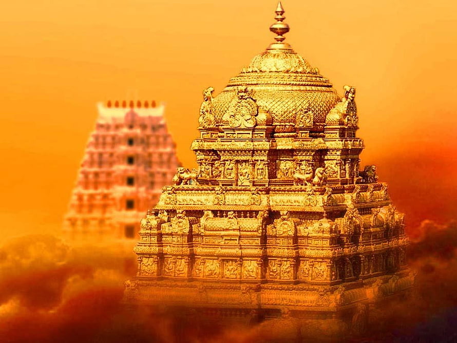 Tirupati Temple Golden Shrine Against Warm Orange Sky With Distant Gopuram HD wallpaper