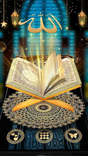 Glowing Quran on Wooden Stand with Arabic Calligraphy and Islamic Lanterns HD phone wallpaper