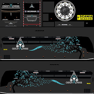 Scania truck livery design template featuring Asian Xpress branding and blue tree graphics HD phone wallpaper