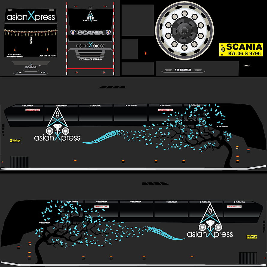 Scania truck livery design template featuring Asian Xpress branding and blue tree graphics HD phone wallpaper