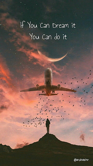 Silhouette of a person on a hilltop gazing at an airplane and crescent moon under a starry sunset sky HD phone wallpaper