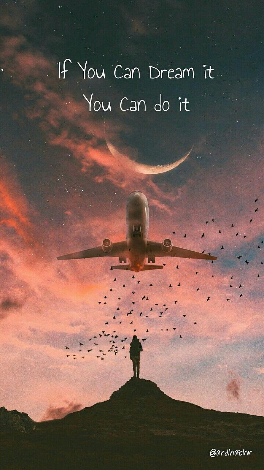 Silhouette of a person on a hilltop gazing at an airplane and crescent moon under a starry sunset sky HD phone wallpaper