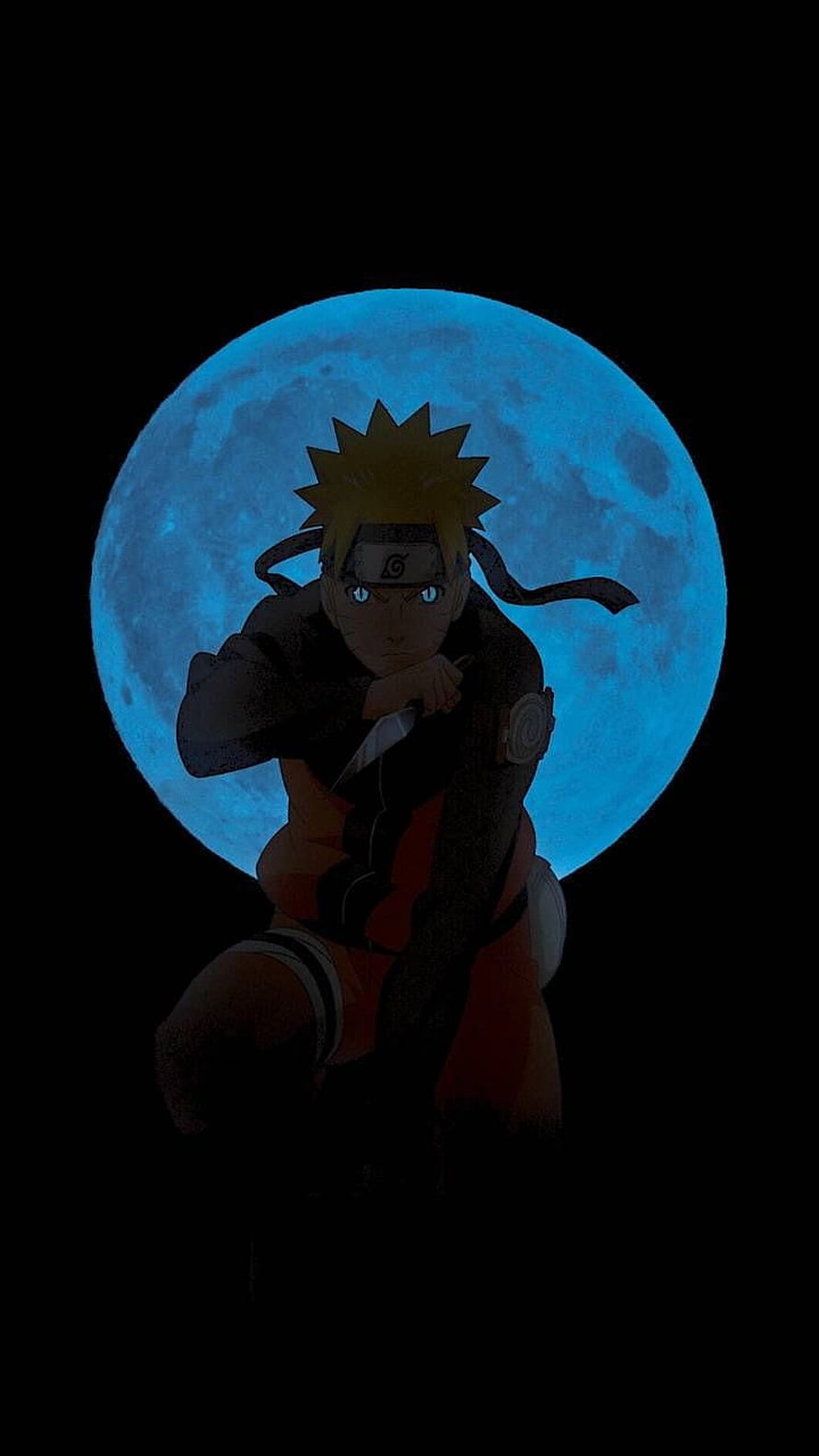 Naruto Uzumaki Sitting Silhouette Against Giant Blue Moon HD phone wallpaper