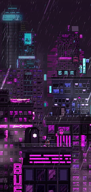 Neon Cyberpunk Cityscape in the Rain with Purple and Blue Lights HD phone wallpaper