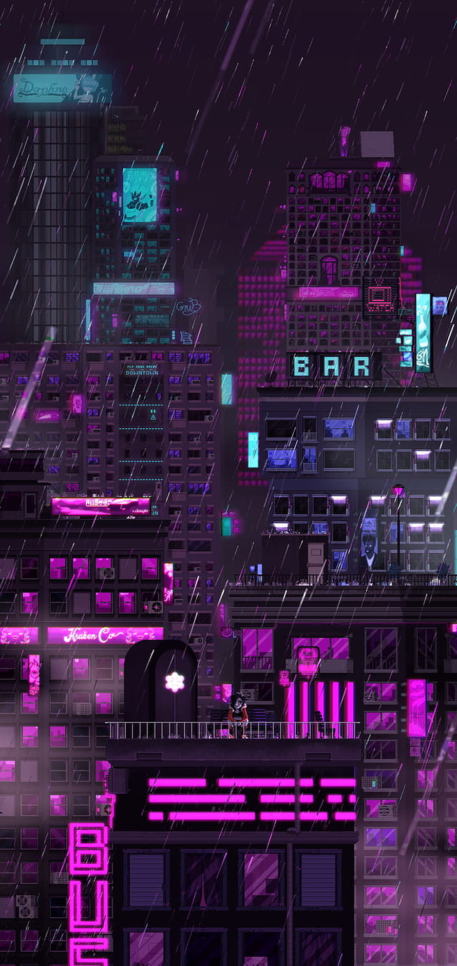 Neon Cyberpunk Cityscape in the Rain with Purple and Blue Lights HD phone wallpaper