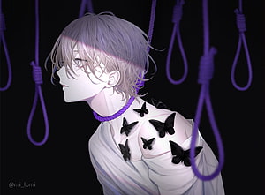 Anime Boy With Purple Rope and Black Butterflies in Dark Setting HD wallpaper