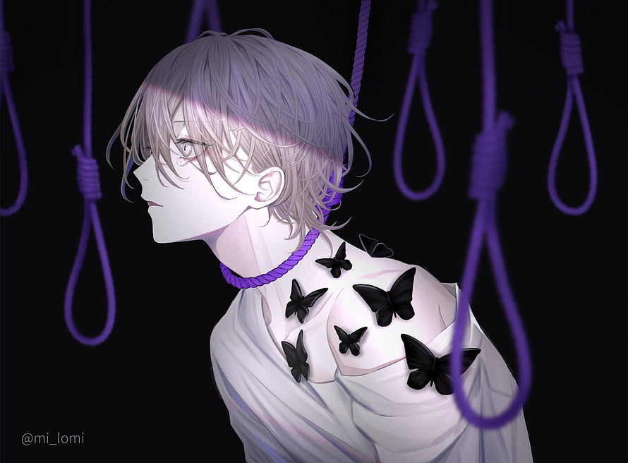 Anime Boy With Purple Rope and Black Butterflies in Dark Setting HD wallpaper