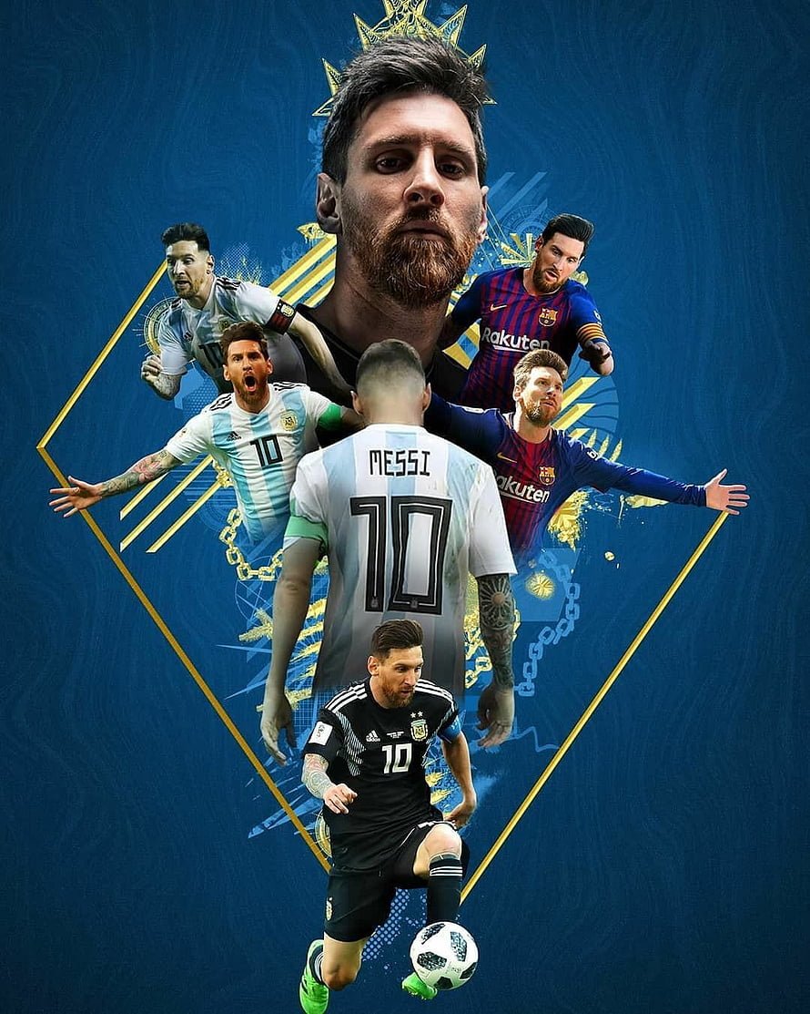 Lionel Messi Football Legend Collage in Argentina and Barcelona Kits HD phone wallpaper