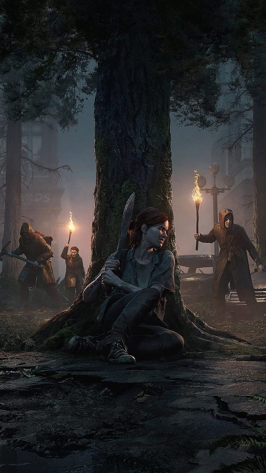 The Last of Us Part II Ellie Crouching in Dark Forest with Torches HD phone wallpaper