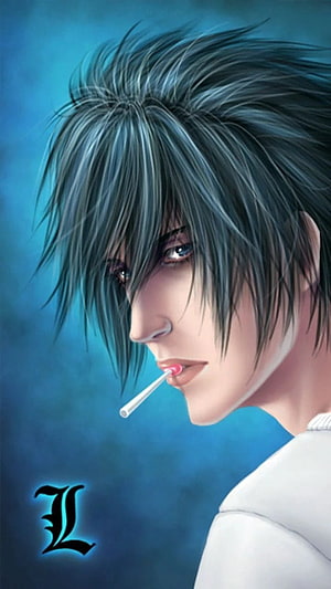 L Lawliet from Death Note anime character portrait with lollipop and blue background HD phone wallpaper