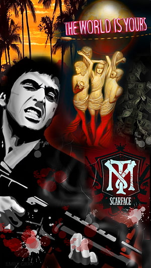 Scarface Tony Montana Movie Poster Artwork with Miami Sunset and Neon Sign HD phone wallpaper