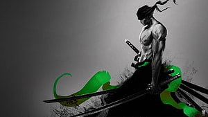 Roronoa Zoro from One Piece in a dramatic black and green digital illustration HD wallpaper