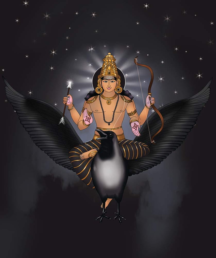 Lord Dhanvantari Hindu Deity Sitting on Crow with Bow and Arrow HD phone wallpaper