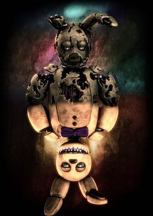 Springtrap and Golden Freddy FNAF Animatronic Characters in Dark Horror Setting HD phone wallpaper