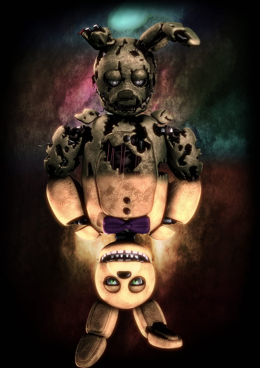 Springtrap and Golden Freddy FNAF Animatronic Characters in Dark Horror Setting HD phone wallpaper